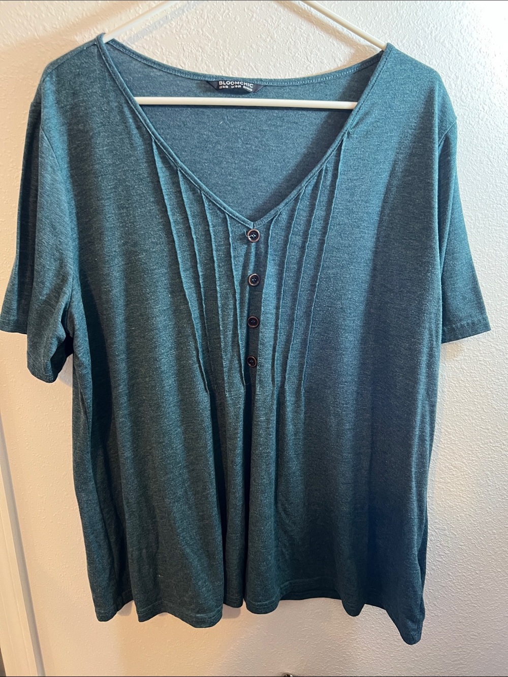 BloomChic Teal V-Neck Short Sleeve Top with Pintuck Front